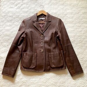 Cabi Brown Leather Blazer Jacket Contrast Stitch Moto Women’s 8